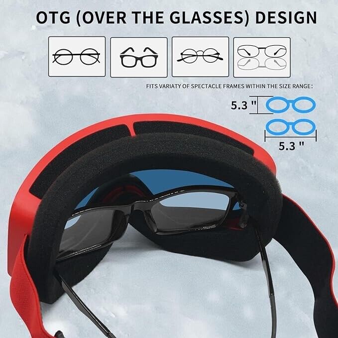 Ski / Snowboard / Goggles, OTG with UV400 protection &  Anti Fog Cool Blue