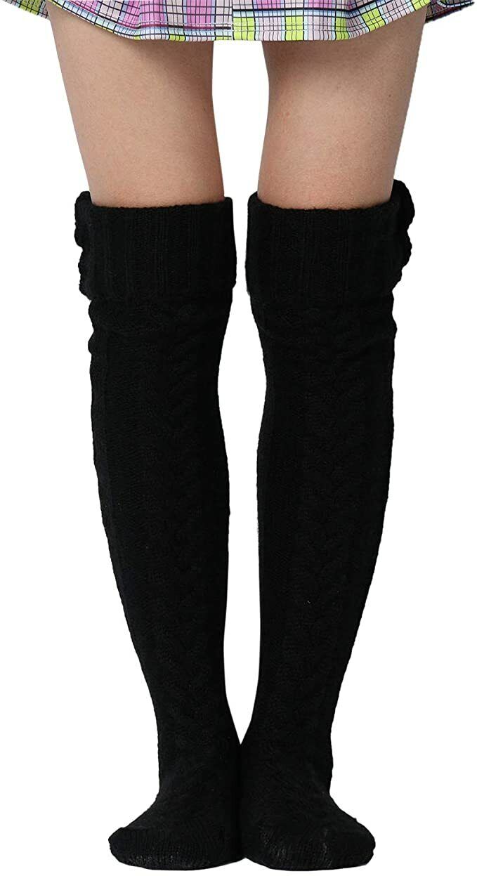 Thigh High Socks for Ladies Girls Fashion Knee Socks Knitted Stretchy Long-Black