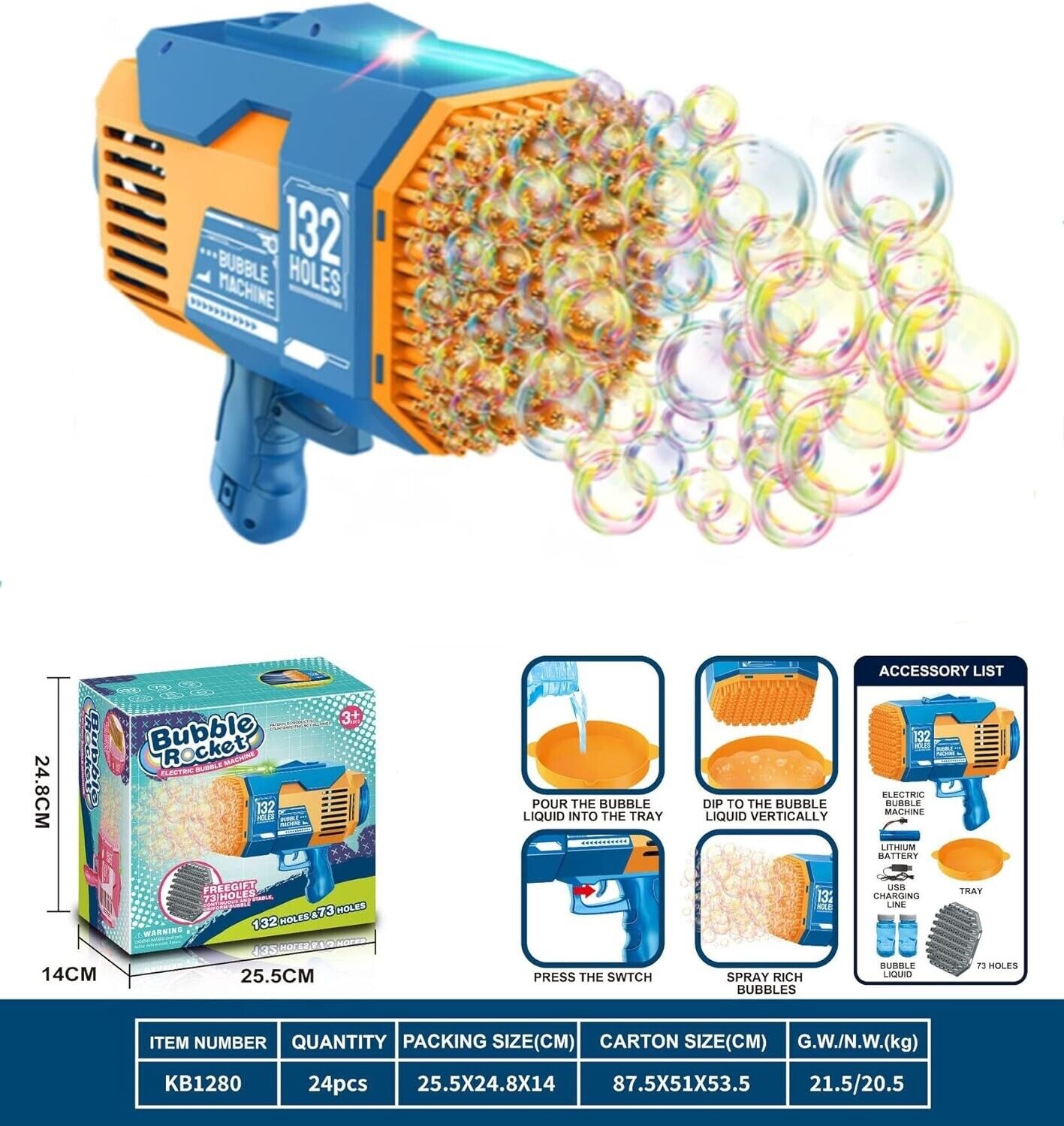 Rocket Launcher Bubble Blaster Bubble Machine for Kids (132&72 Holes) - Outdoor