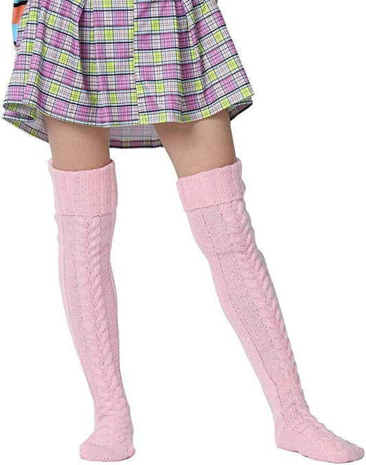 Thigh High Socks for Ladies Girls Fashion Knee Socks Knitted Stretchy Long -Pink