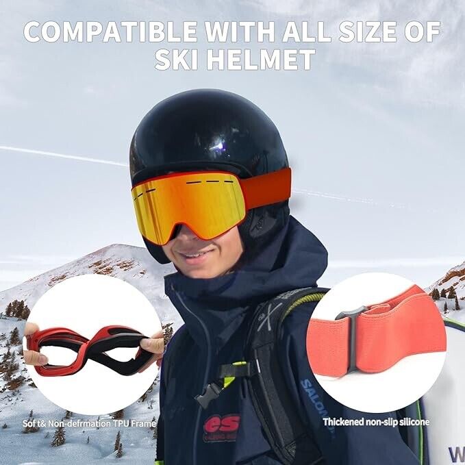 Ski / Snowboard / Goggles, OTG with UV400 protection &  Anti Fog Red Contemporar