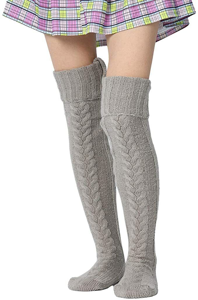 Thigh High Socks for Ladies Girls Fashion Knee Socks Knitted Stretchy Long -Grey