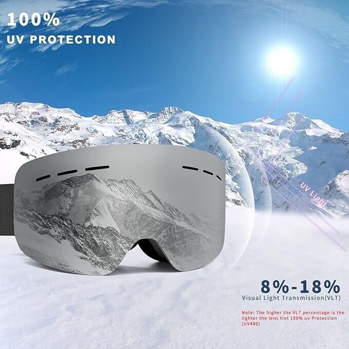 Ski / Snowboard / Goggles, OTG with UV400 protection &  Anti Fog Modern Black