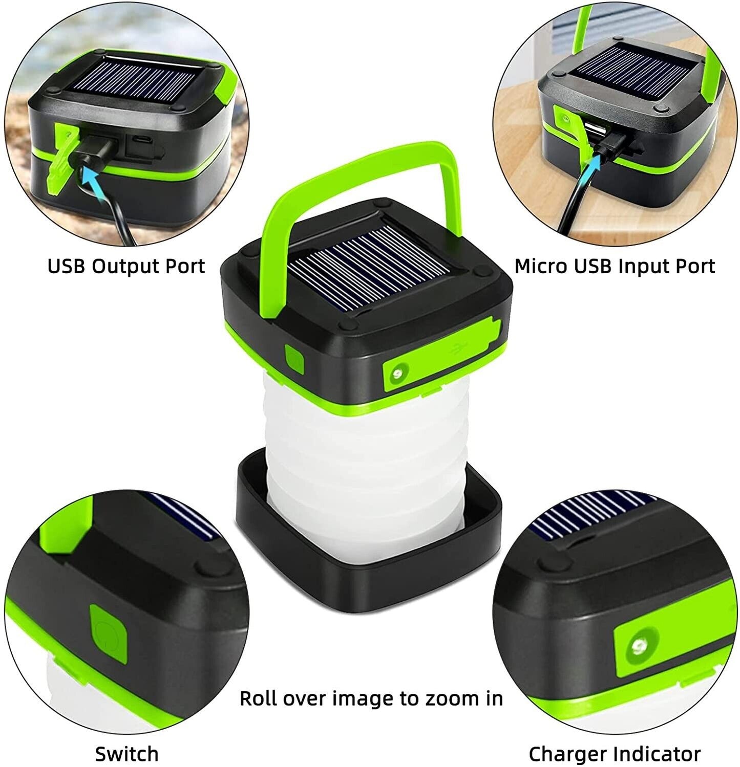 Grezea LED Camping Lanterns - Solar Powered or USB Rechargeable green