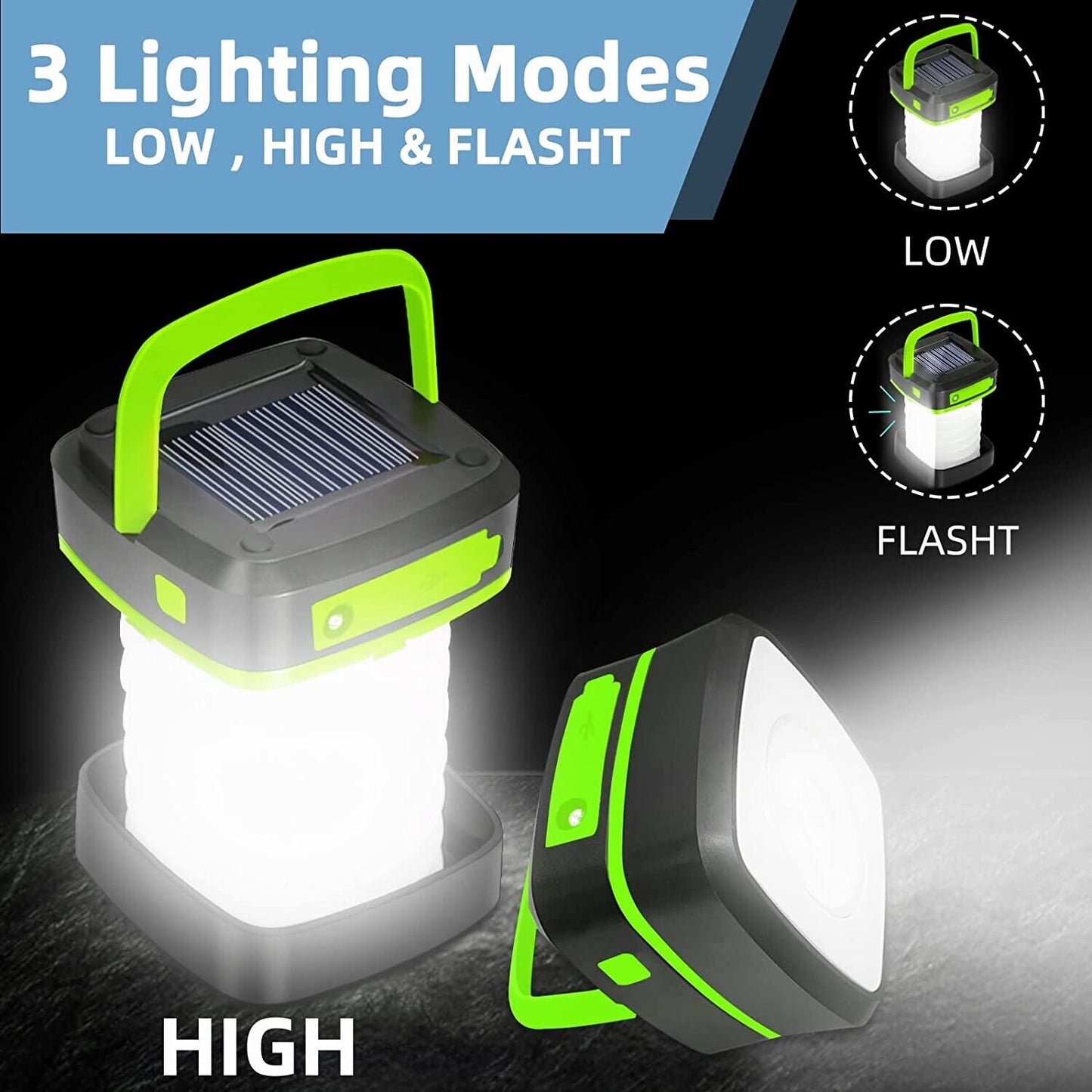 Grezea LED Camping Lanterns - Solar Powered or USB Rechargeable green