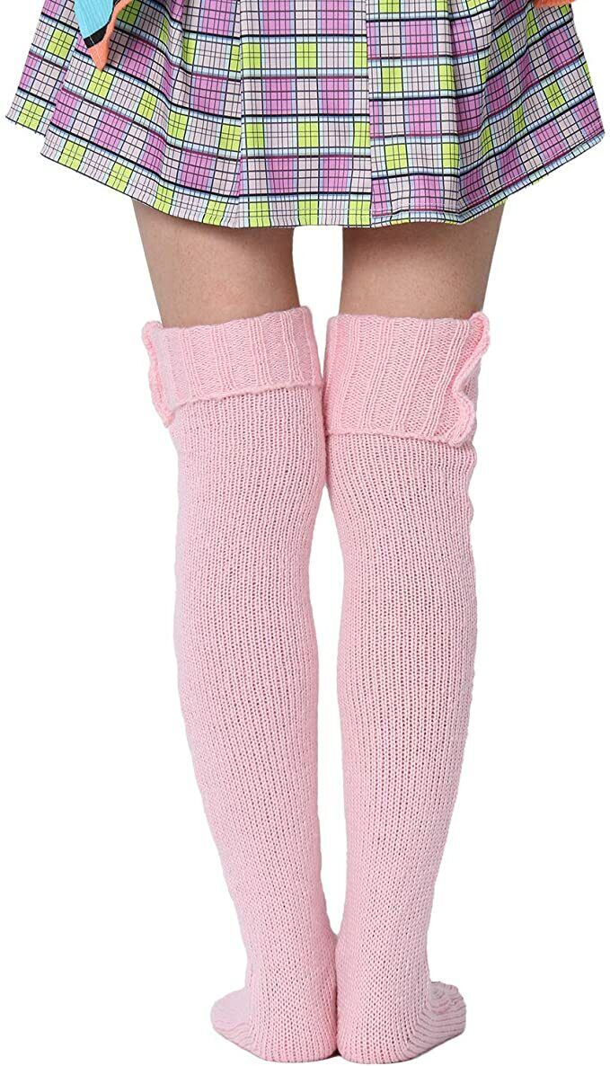 Thigh High Socks for Ladies Girls Fashion Knee Socks Knitted Stretchy Long -Pink