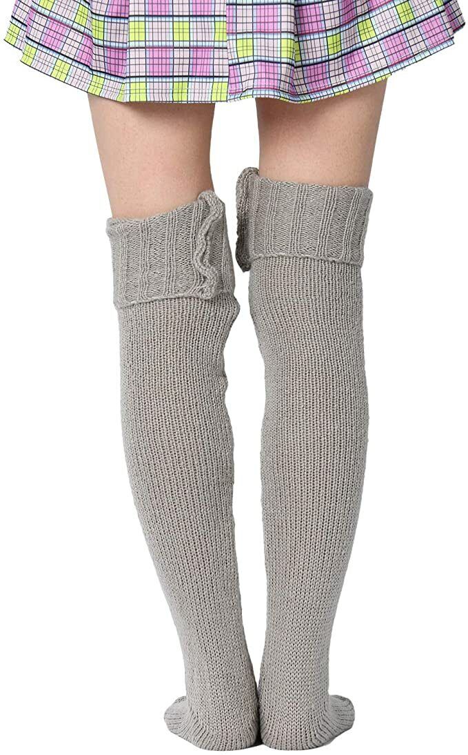 Thigh High Socks for Ladies Girls Fashion Knee Socks Knitted Stretchy Long -Grey