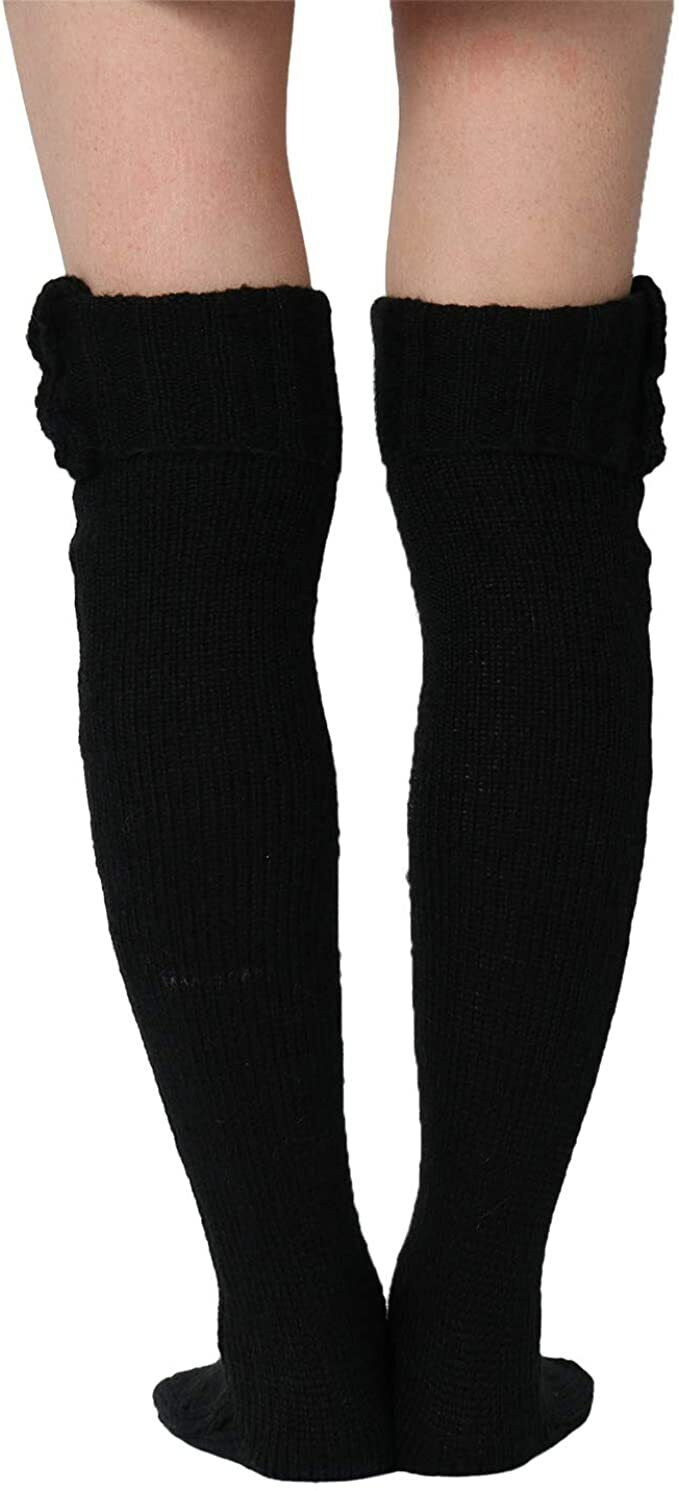 Thigh High Socks for Ladies Girls Fashion Knee Socks Knitted Stretchy Long-Black