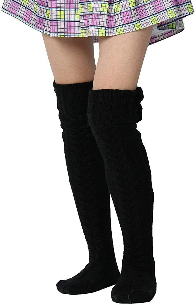 Thigh High Socks for Ladies Girls Fashion Knee Socks Knitted Stretchy Long-Black