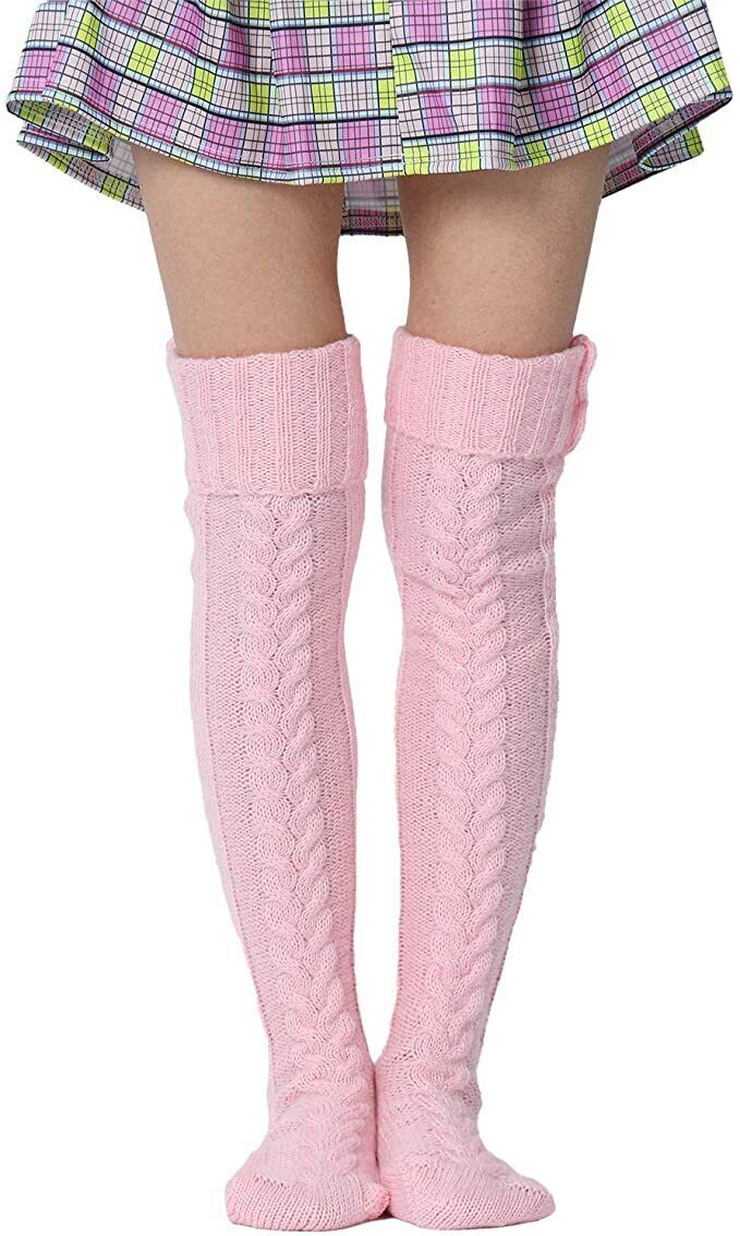 Thigh High Socks for Ladies Girls Fashion Knee Socks Knitted Stretchy Long -Pink