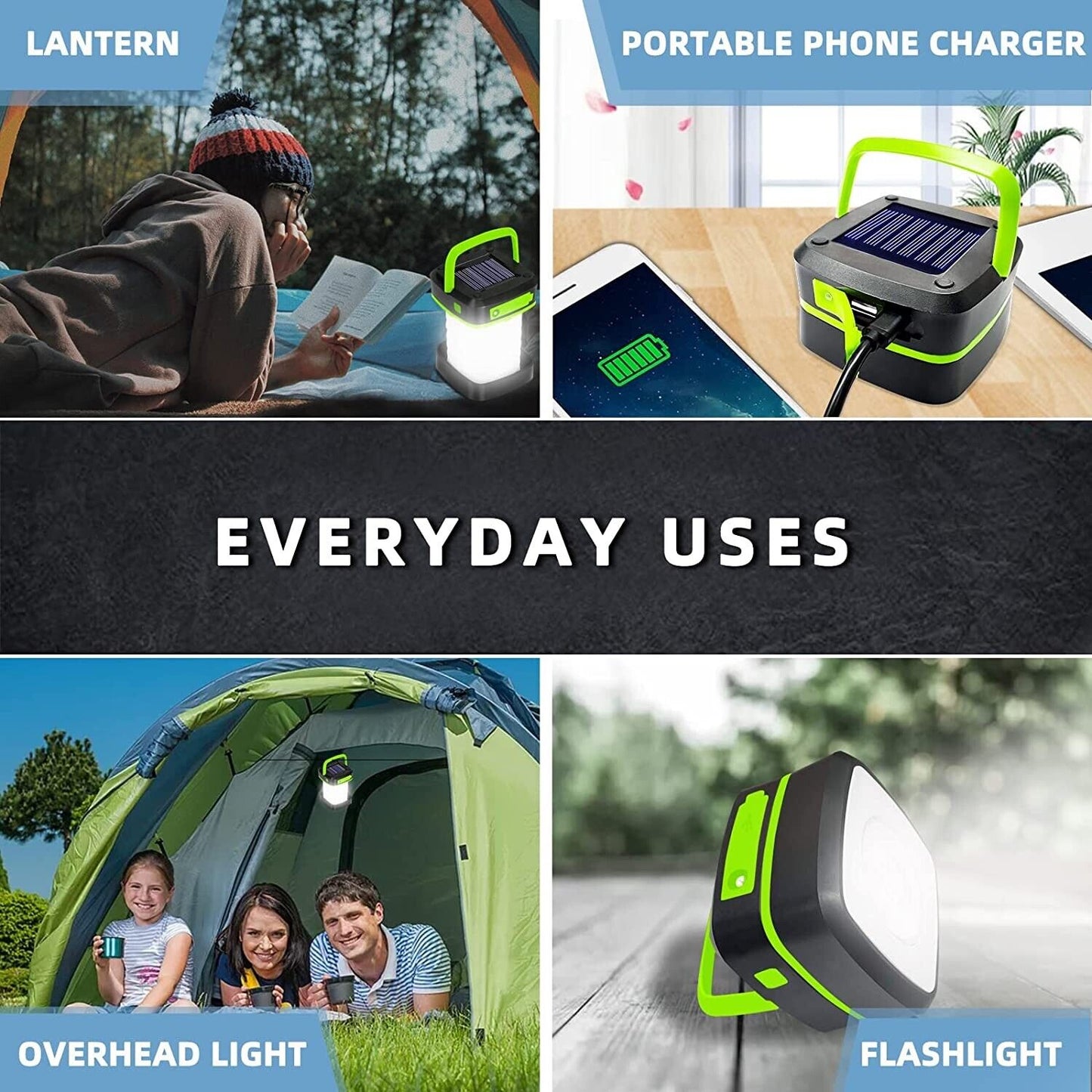 Grezea LED Camping Lanterns - Solar Powered or USB Rechargeable green