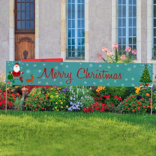 QSUM Merry Christmas Banner for Garland Decorations, Large Xmas Yard Banners Christmas Party Decoration Supplies Home Holiday Bunting Banner for Outdoor and Indoor 9.8 x 1.6 FT