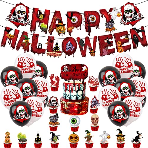 LONGSHUNXING Halloween Balloons Party Decorations Set 40 Pack Halloween Decor Including with 20pcs Creepy Halloween Banner Latex Balloons and 17pcs Halloween Cupcake Decorations