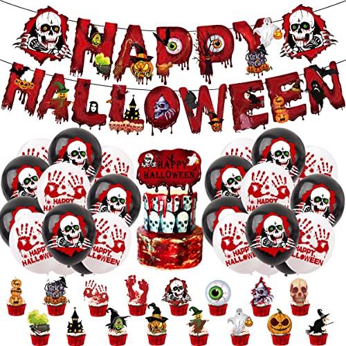 LONGSHUNXING Halloween Balloons Party Decorations Set 40 Pack Halloween Decor Including with 20pcs Creepy Halloween Banner Latex Balloons and 17pcs Halloween Cupcake Decorations