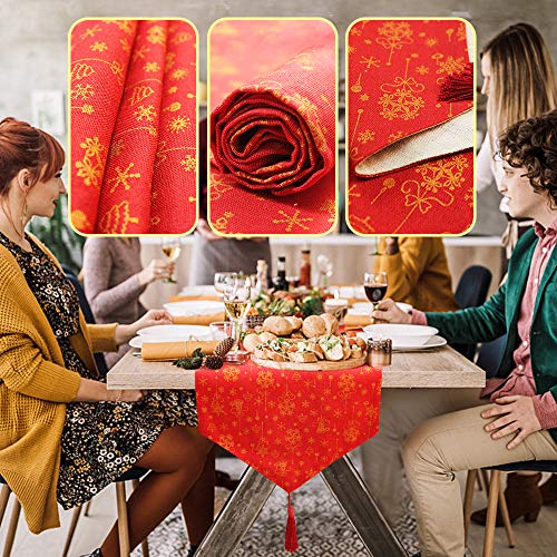 QSUM Christmas Table Runner, Red Christmas Cotton Linen Table runner with 4 PCS Placemats for Christmas Day Party New Year Decorations