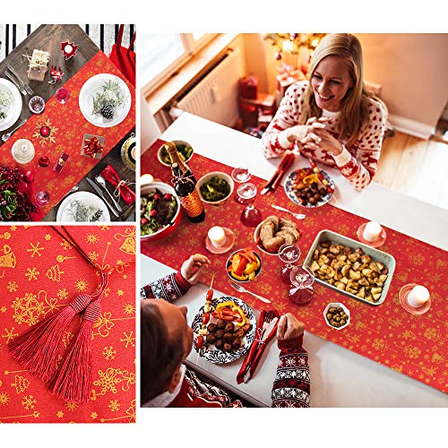 QSUM Christmas Table Runner, Red Christmas Cotton Linen Table runner with 4 PCS Placemats for Christmas Day Party New Year Decorations