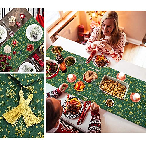 QSUM Christmas Table Runner + Placemats 4 PCS, Classic Green Linen Table Runners for Christmas Table Cloth Party New Year Holiday Decorations