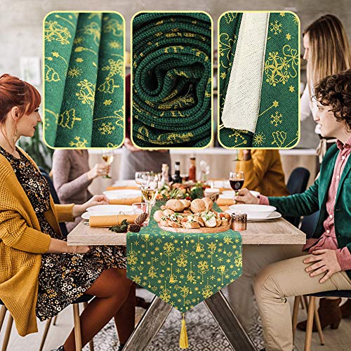 QSUM Christmas Table Runner + Placemats 4 PCS, Classic Green Linen Table Runners for Christmas Table Cloth Party New Year Holiday Decorations