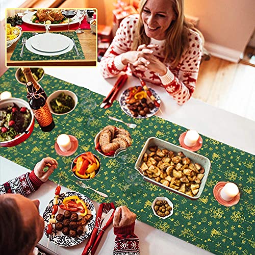 QSUM Christmas Table Runner + Placemats 4 PCS, Classic Green Linen Table Runners for Christmas Table Cloth Party New Year Holiday Decorations