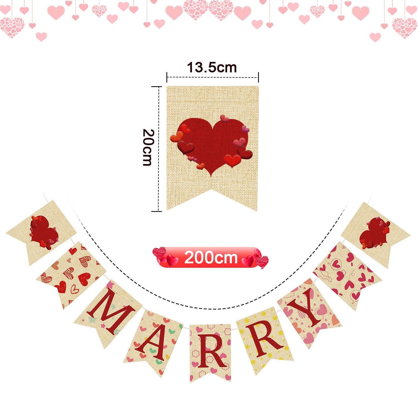 QSUM Valentine's Day Banner - MARRY Burlap Hanging with LED Lights, Heart Rose Petals Romantic Decorations for Indoor Outdoor Wedding Engagement Anniversary Party Favor